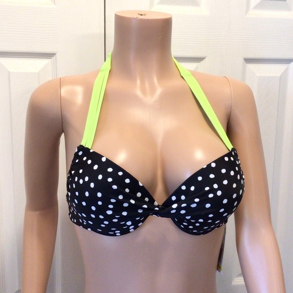 California Waves Black & White Polka Dot Neon Strappy Push Up Bikini Top Medium - Picture 1 of 6